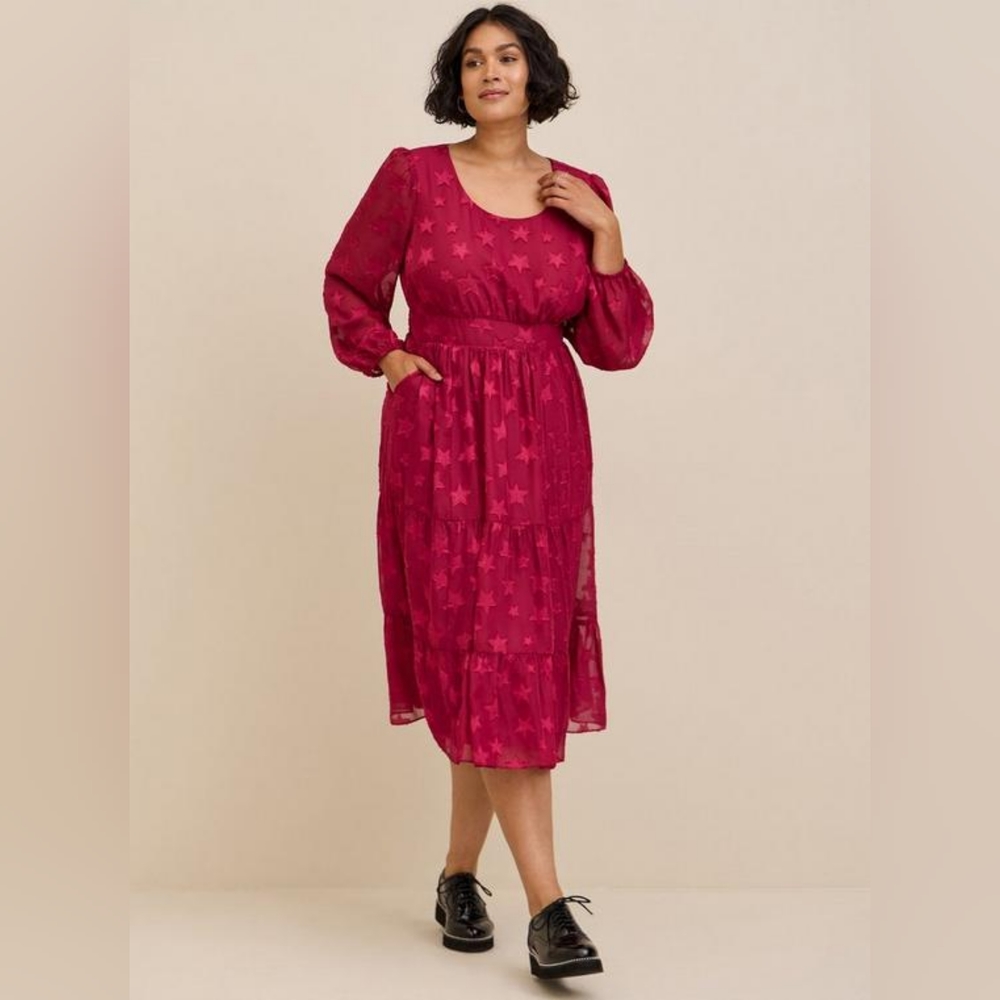 NWT Torrid Midi Clip Dot Chiffon Tiered Dress - Picture 2 of 6